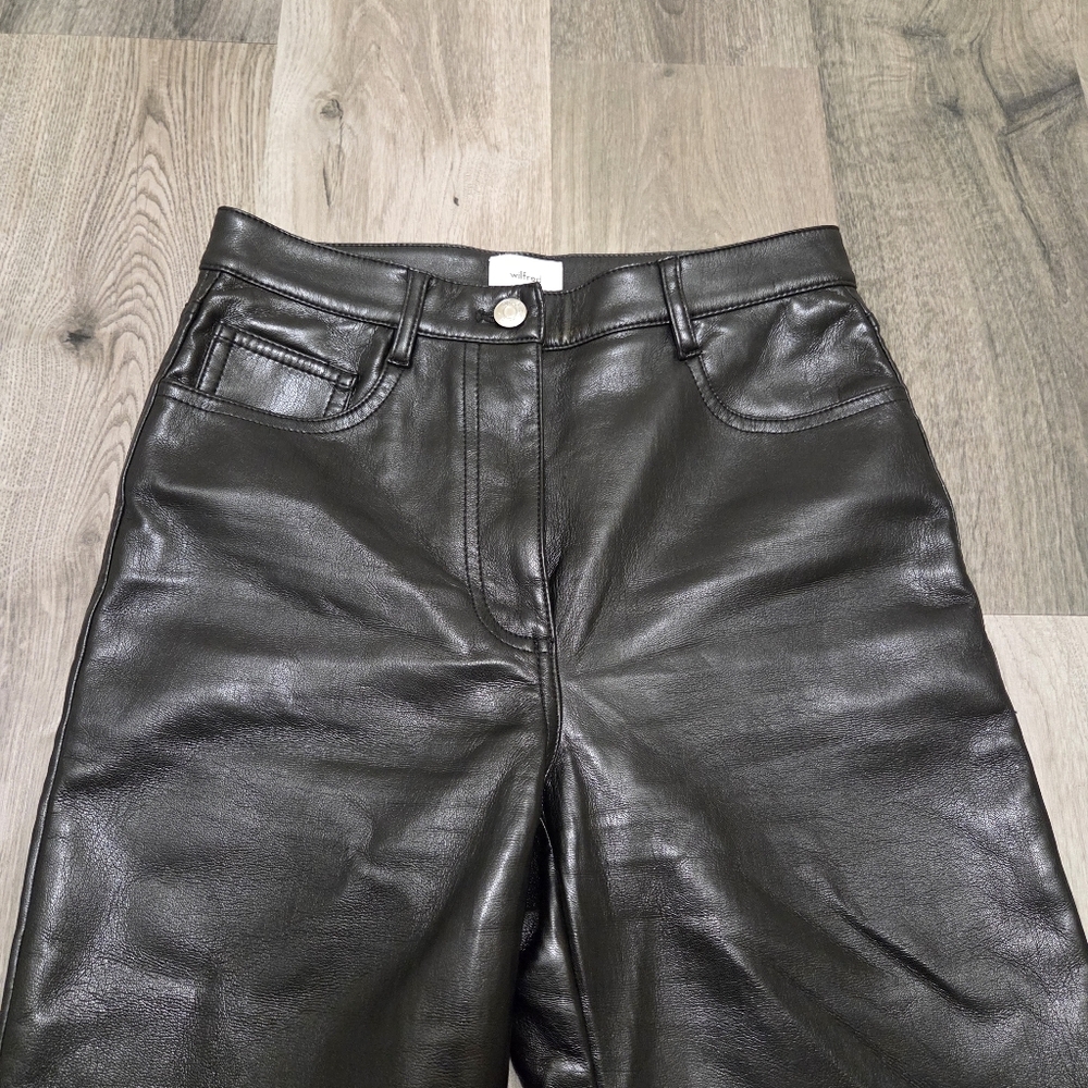 Aritzia Wilfred Black Leather Straight-Leg Pants High-Rise Minimalist Chic Luxe - Picture 3 of 11
